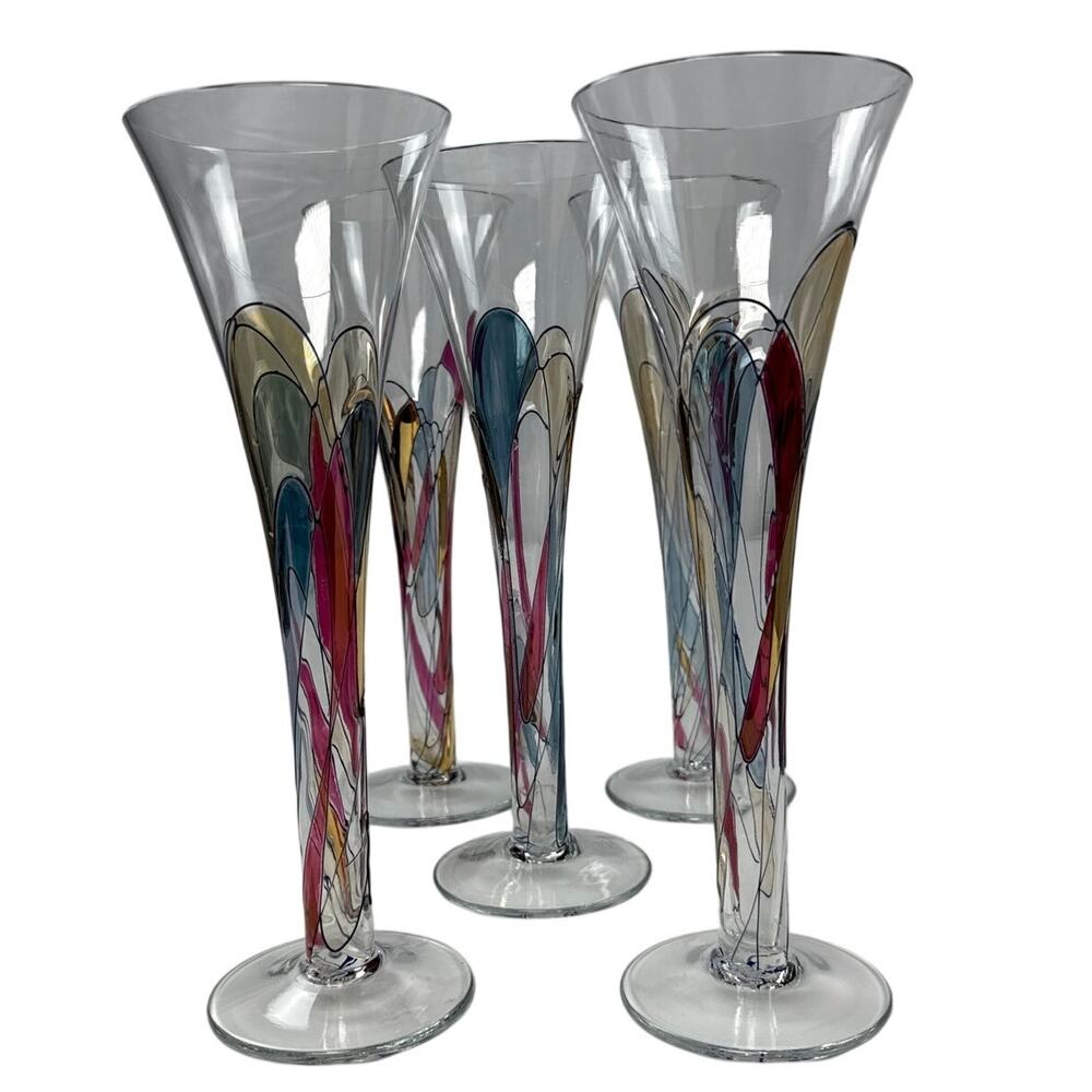 Vintage 90s Multicolor Stained 10" Glass Champagne Flutes Set of 5